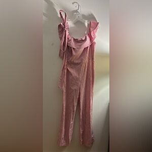 Wayf Pink Striped Jumpsuit with Ruffle Straps & bow